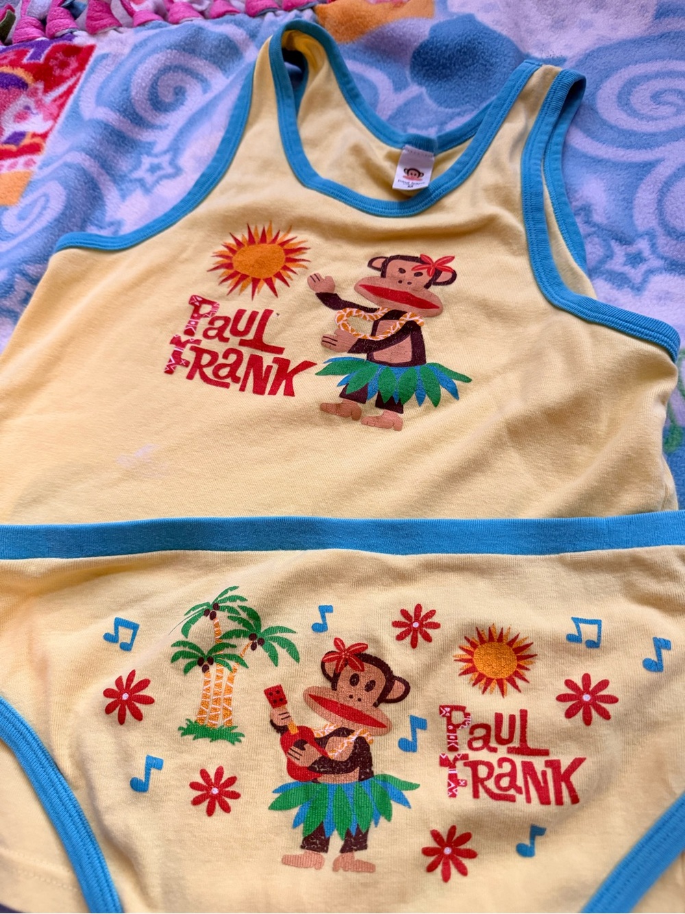 Paul Frank Yellow Tank & Brief Set *faint stains on top *cracking graphics